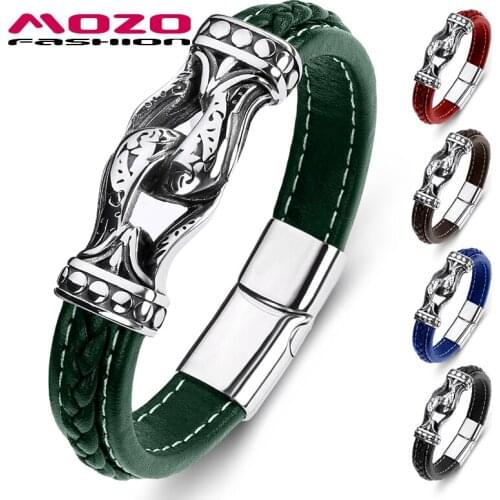 New Men Bracelet Genuine Leather Stainless Steel Charm Women Punk Fashion Jewelry Bangles Gifts Green