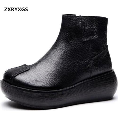2019 Autumn Winter Women Boots Wedges Increase Platform Shoes Woman Martin Boots Comfort Warm Genuine Leather Boots Snow Boots