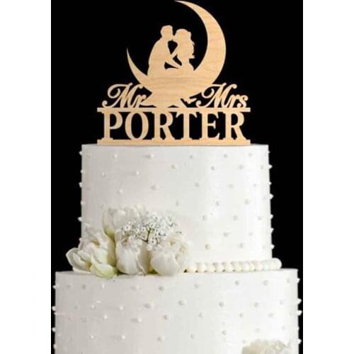 PersonaliseMoon wedding cake topper,moon Couple wood acrylic cake toppers for wedding,Bride & groom wedding party cake topper