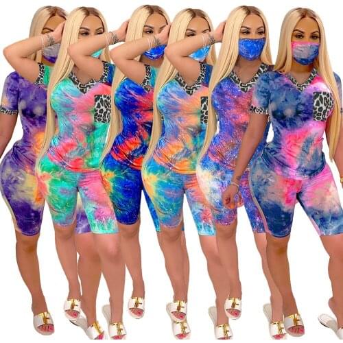 Tracksuit Sets Women Mask Set Summer Outfits 2021 Short Sleeve Tops and Shorts Tie Dye Printed Stretch Bodycon Sexy Matching Set