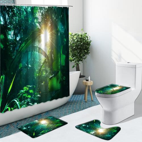 Tropical Green Plant Palm Leaf Shower Curtain Flamingo Flower Non-Slip Flannel Rug Toilet Cover Bath Mat Bathroom Set Home Decor