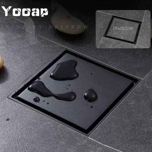 Yooap Matte Black Square Invisible Bathroom Floor Drain Waste Grate 10X10cm Shower Drain Black Floor Drain Tile Insert Drain
