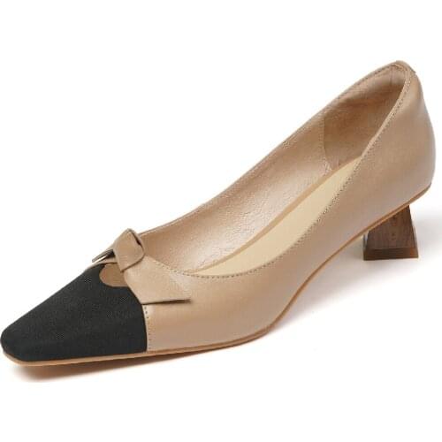 Womens genuine leather black toe patchwork slip-on pumpw low heel elegant ladies bowtie sweet daily dress heels spring shoes