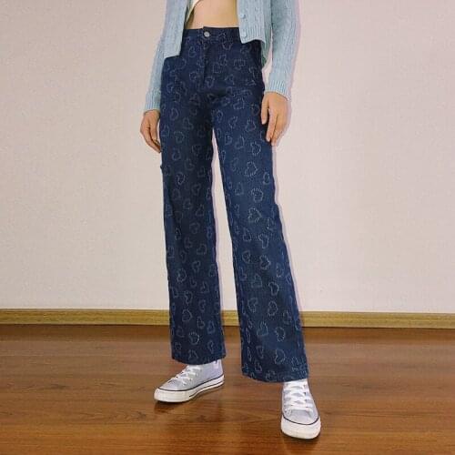 B-TOTO Retro Dark Blue Love Print High-waisted Straight Jeans Women Trendy Ins Printing And Dyeing Straight-leg Pants Ins