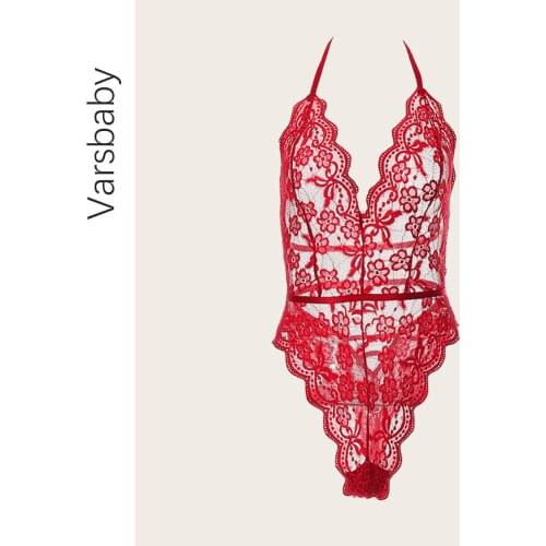 Varsbaby Hot Sexy Women Deep V Backless Halter Lace Bodysuit Transparent Female Body Sheer Slim Bodysuits