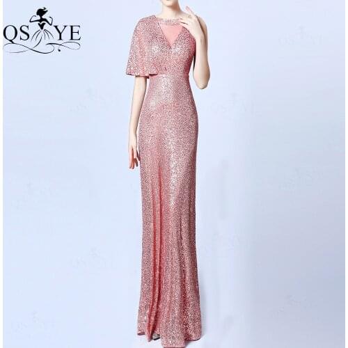 Bat Sleeves Pink Evening Dress One Shoulder Mermaid Sequin Prom Gown Elegant Scoop Neck Glitter Pink Formal Party Dress Vestido