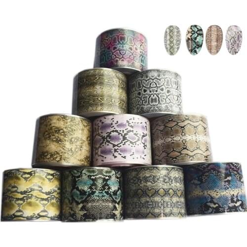 10Roll Snake Skin Nail Foils Transfer Sticker 50M*4CM African Tropical Wild Animal Adhesive Nail Art Paper Polish Decal
