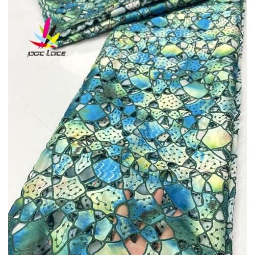 2021 Satin Lace with Print Flower Dress Styles Aso Ebi Guipure Fabric Soft Green Stones Rhinestone High Quality