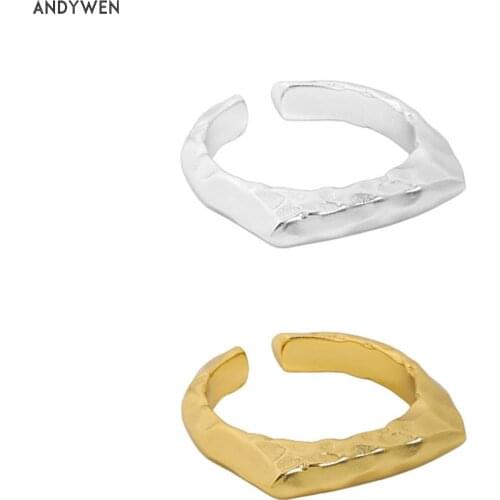 ANDYWEN 925 Sterling Silver Gold Plain Resizable Rings Irregular Geometric Adjustable Party Women Women Wedding Jewelry