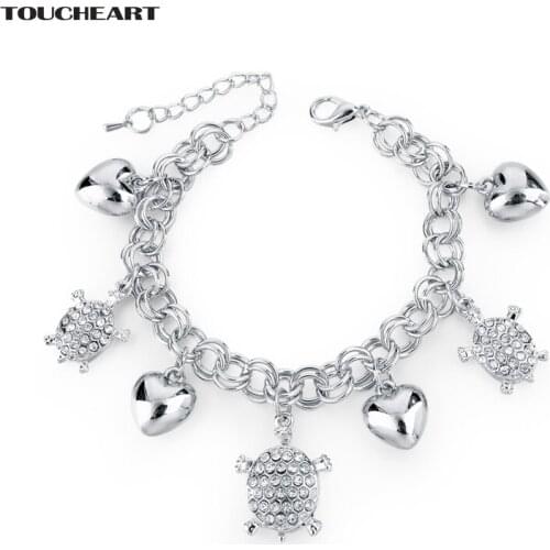 TOUCHEART NEW Gold Heart Charm Turtle Bracelets &Bangles For Women Jewelry Crystal Stainless Steel Adjustable Bracelet SBR160018