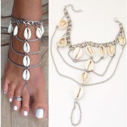 Female fashion natural shell anklets chain tassel multilayer shell anklets female summer beach barefoot sandals popular
