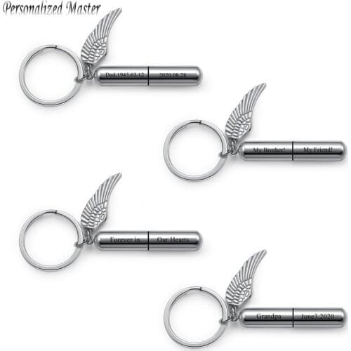 Personalized Master Customized Cylinder Key Chains Wings Urn Keychain Ashes Keepsake Engraving Text Memorial Cremation Keyring