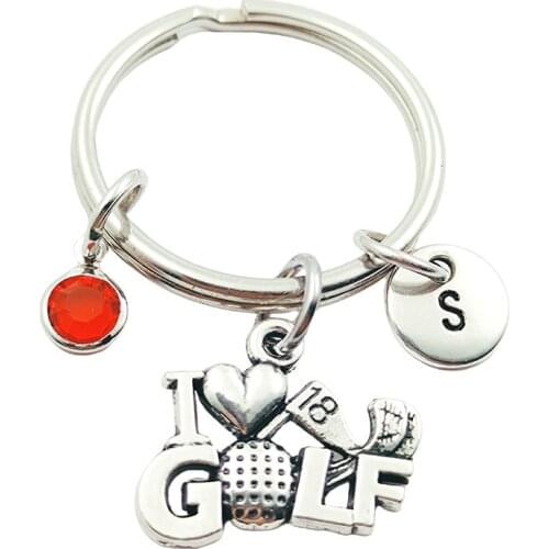I Love Golf Initial Letter Monogram Birthstone Keychains Keyrings Creative Fashion Jewelry Women Gifts Accessories Pendant