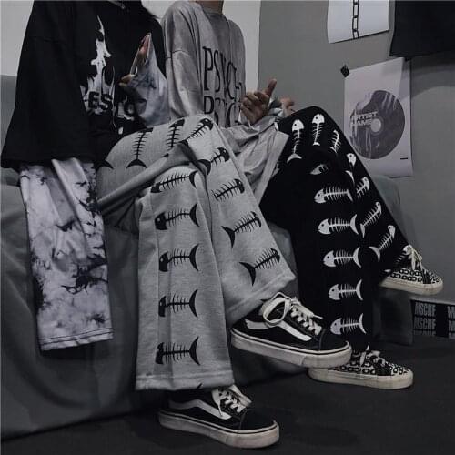 Black Hip Hop Fish Anime Cartoon Print Trousers Loose Streetwear Gray Korean Length Pants Women Punk Vintage Dark Y2K Clothes