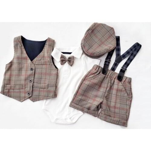 Children Suit Baby Boys Clothes Newborn Tracksuit Formal Dresses Romper+Short+Vest+Hat 4Pieces Costumes For Children 0-3Y