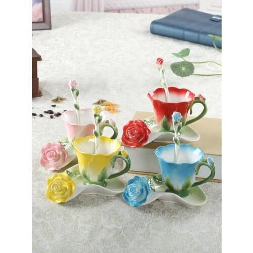 Enamel ceramic coffee cup dish Spoon Set European Bone China wedding birthday gift girl heart cup lovely powder mugs coffee cups