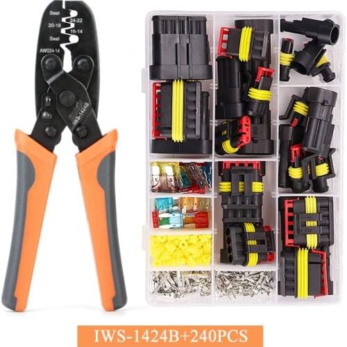 IWS-1424B Weather Pack Sealed Crimping Tool with 240Pcs Waterproof Car Motorcycle Auto Electrical Wire Connector Plug Kit