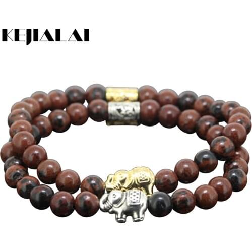 KEJIALAI 2pcs New Natural 6mm Round Golden Swan Stone Beads Women Bracelet Beaded Animal Elephant Girl Charm Bracelet Lucky Gift