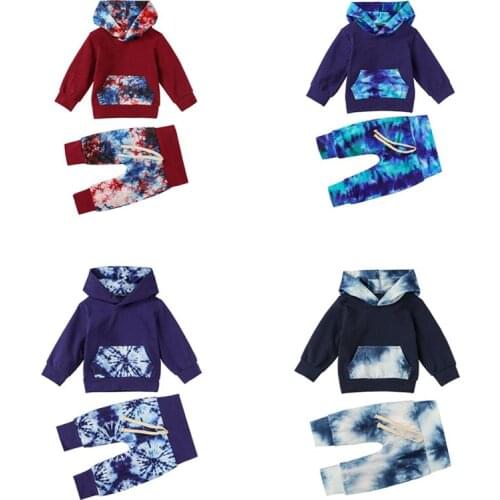 FOCUSNORM Tie-Dye Printed Kids Baby Boys Clothes Sets Long Sleeve Pullover Loose Hooded Tops Pants 4 Colors