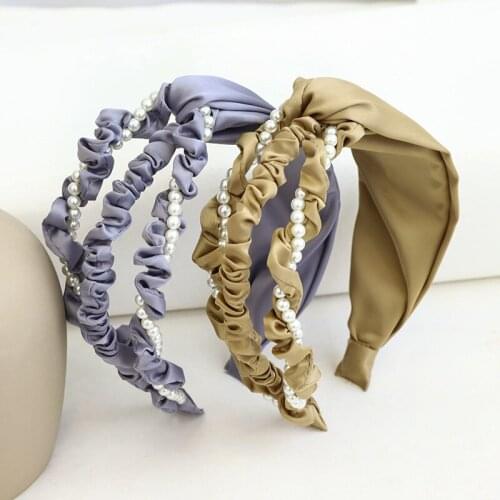 Korean Fashion Folds Knotted Cross Pearl Headbands For Women Hairband Girls Hair Hoop Sweet Hair Accessories Headpiece