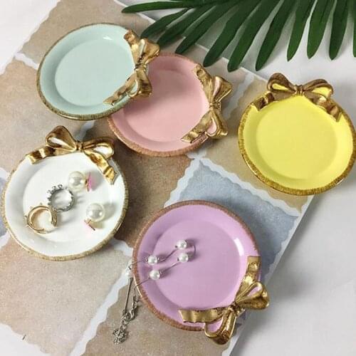 11*10CM Lovely Golden Bowknot Resin Tray Table Decoration Dish Cake Plate Dessert Cup Holder Party Wedding Ornament ZA3449