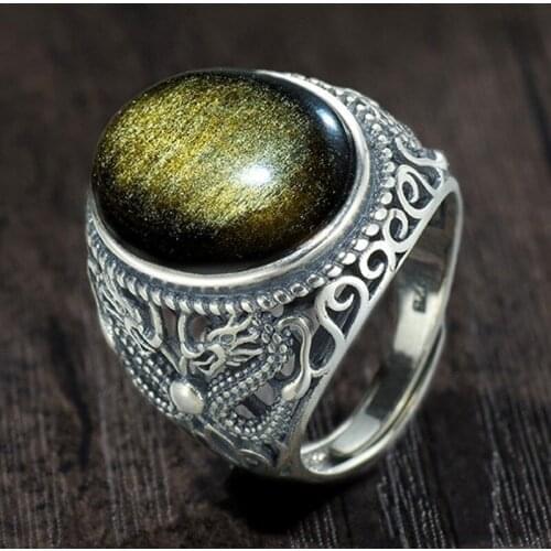 Natural black gold ocher New S925 pure silver ring for men domineering men gift with certificate dragon pattern men ring silver