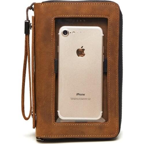 Mens Wallet Genuine Leather Credit Card Holder Phone Holder Zipper Design Coin Purse Long Wallets Male Clutch