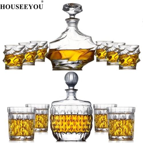 HOUSEEYOU 6 Kinds of Luxury Lead Free Crystal Whisky Glasses Set 1 Decanter + 6 Whisky Cups Collection Transparent Bar Sets