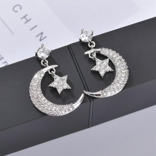 Korean New Silver Color Moon Star Drop Earrings Women Classic CZ Cubic Zircon Moon Earrings For Female Wedding Jewelry