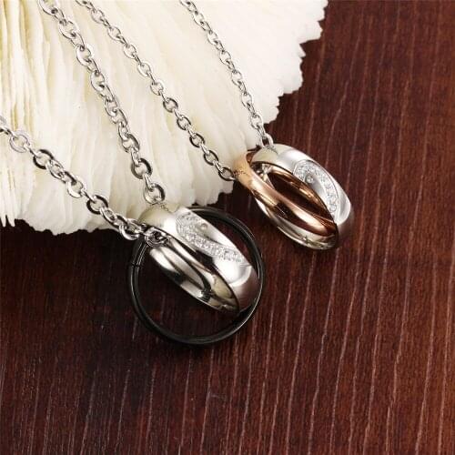 Stainless Steel CZ Black Rose Gold Color Circles Pendant Necklace Couple Necklaces Anniversary Jewelry Accessories for Women Men