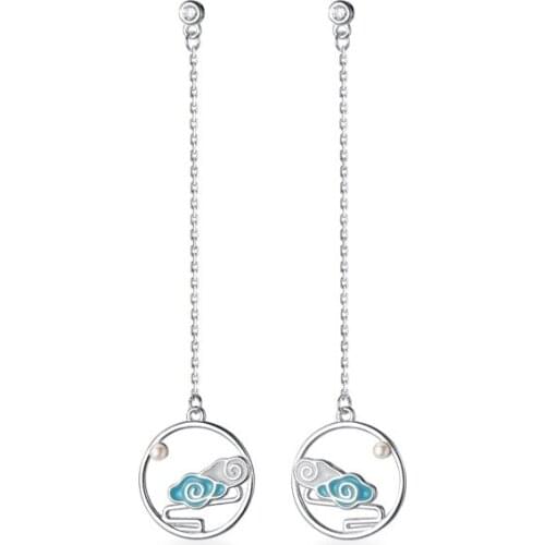 Retro 100% Real. 925 Sterling Silver Fine Jewelry Blue Enamel auspicious clouds Circle Ear Threader Earrings Long C-G5463