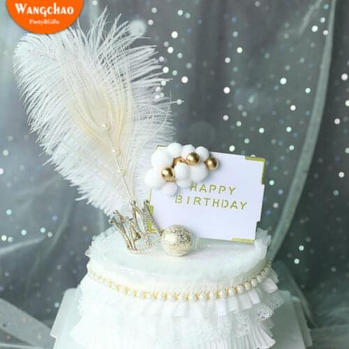 Romantic Black White Beige Pearl Feather Cake Topper Beautiful Wedding Birthday Party Dessert Table Cake Decoration Accessories