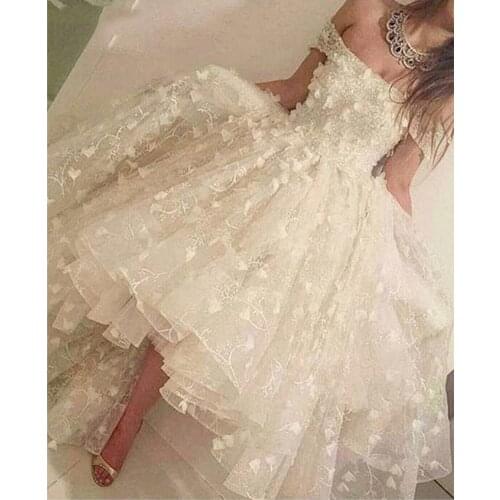 Romantic Tulle Homecoming Dresses Off the Shoulder Lace Flowers Short Sleeve High Low Prom Dress Saudi Arabic Evening Gown