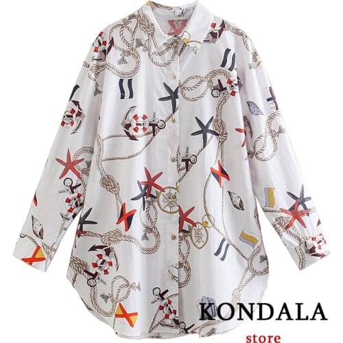KONDALA Oversized Women Shirts Za Fashion 2021 Geometric Print Vintage Long Shirts Female Loose Streetwear Blouses Chic Tops