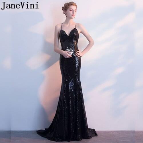 JaneVini Nedime Sexy Black Sequin Bridesmaid Dresses Backless Mermaid Long Bling Spaghetti Straps Formal Dress Party Wedding