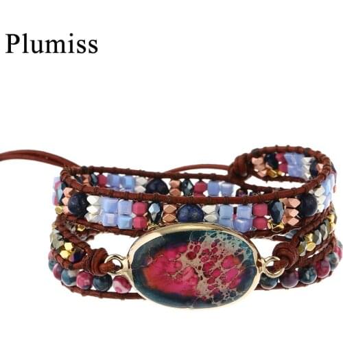 Blue Pink Imperial Jasper Leather Wrap Bracelet Hematite Beaded Bracelets for Women Sea Sediment Jaspers Jewelry Gift Dropship