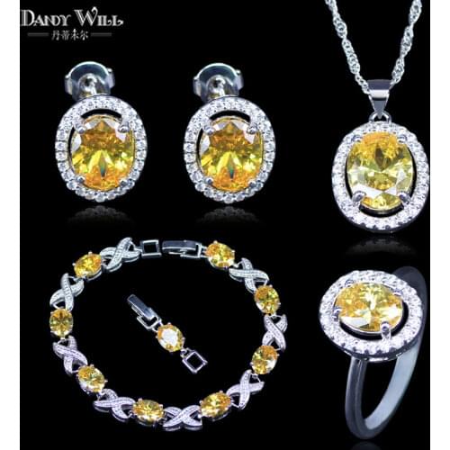 Sparkling Yellow Garnet Zircon White Crystal Silver Color Jewelry Set For Women Earrings/Pendant/Necklace/Bracelet/Ring