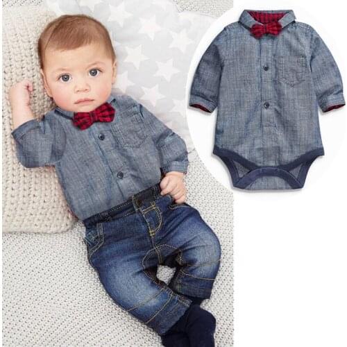 Spring Baby Boys Clothes Bow Tie Romper+Jean 2pcs set for boys man Clothing Kids Tracksuit Fashion Cotton Children Outfits A097