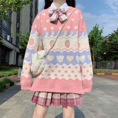Japanese Winter New Sweet College Style Sweater Women Kawaii Strawberry Splicing Loose Sweater Knitting Pullovers Sweaters