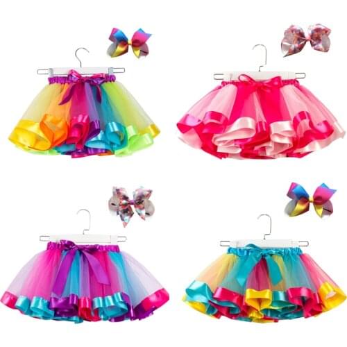 Free Bow+Tutu Skirt 12M-8T Cute Kids Princess Colorful Tulle Skirts Summer Children Party Girls Rainbow Dance Pettiskirt