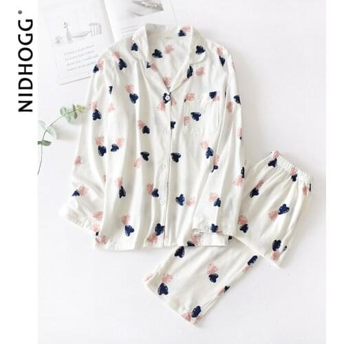 Women Cotton Knitted Long-Sleeved Pajamas Autumn Lovely Printing Sleepwear Turn-down Collar Two Piece Sets Loungewear Nightwear