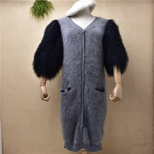 Ladies women fashion 100% fur half sleeves Fall Winter mink cashmere knitted slim long sweater cardigans angora fur jacket coat