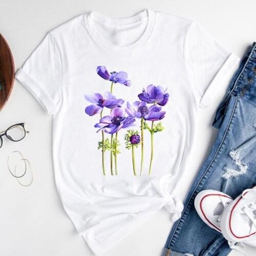 Women Graphic Cartoon Floral Flower Watercolor 2021 Short Sleeve Summer Fashion Print Female Clothes Tops Tees Tshirt T-Shirt