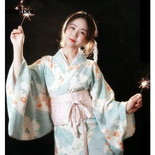 Woman Daisy Print Long Dress with belt Retro Japanese Kimono Style yukata Girl dress