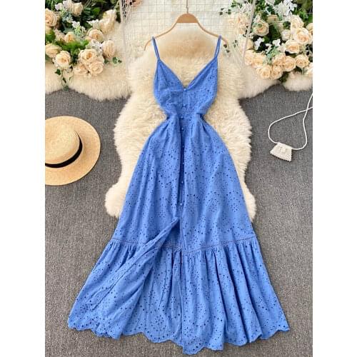 Bohemian Summer Beach Hollow Out Long Dress Sexy Women V-Neck High Waist Single Breasted A-Line Big Swing Vestidos 2021 New Robe