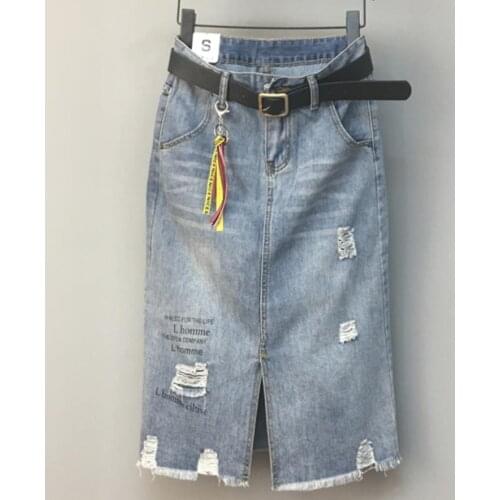 Plus size 5XL Denim skirt fashion high waist split hole letter jeans skirt a-line