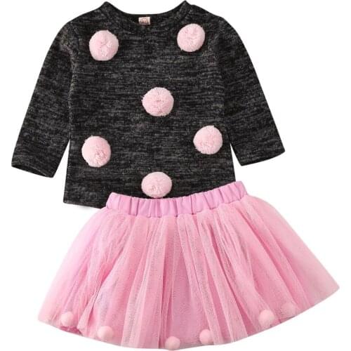 Baby Children Two Piece Outfits Long Sleeve O Neck Pompom Top Tutu Solid Skirts Infant Toddler Autumn Princess Cute Outfit 6M-5Y