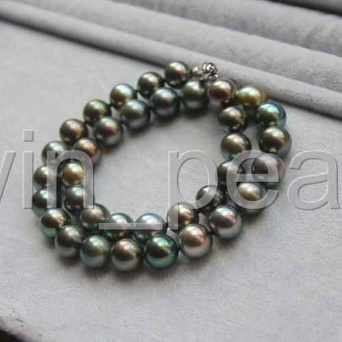 Elegant 10-11mm tahitian round black green pearl necklace 21inch 925s