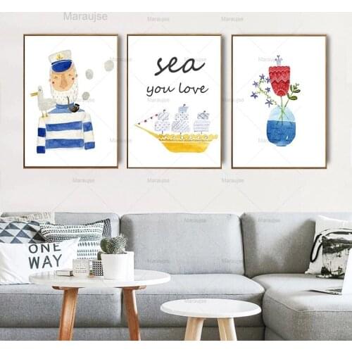 Watercolor Sea Sailboat Abstract Water Flower Canvas Painting Nordic Wall Art Poster Home Decor Kids Room Picture