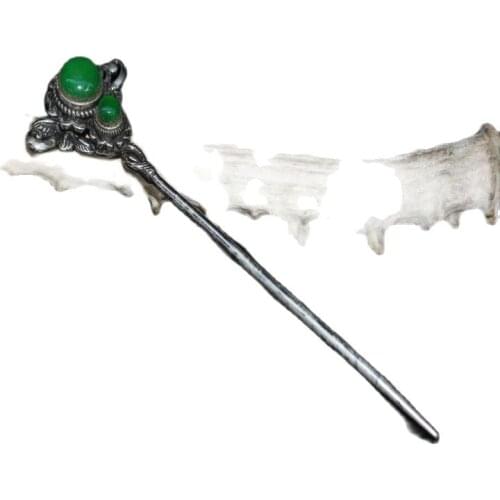 Chinese Old Craft Made Old Tibetan Silver Cloisonne Inlaid Green Jade Hairpin